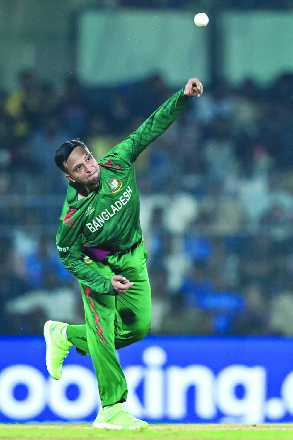 Bangladesh's captain Shakib Al Hasan bowls during the 2023 ICC Men's Cricket World Cup one-day international (ODI) match between New Zealand and Bangladesh at the MA Chidambaram Stadium in Chennai on Friday. (AFP) 