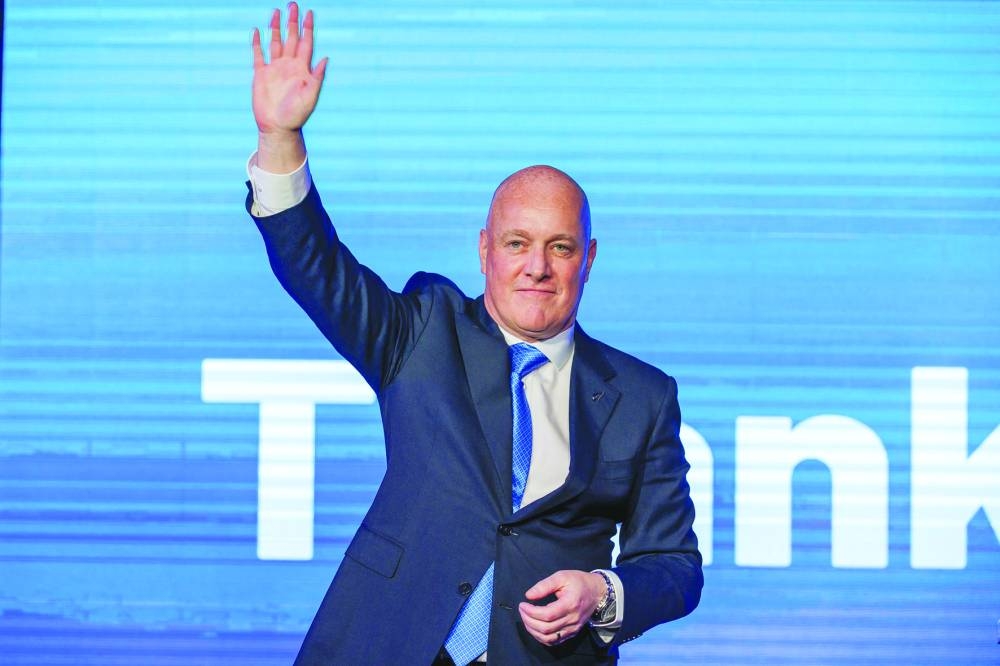 
Christopher Luxon, Leader of the National Party, waves to supporters at his election party after winning the general election to become New Zealand’s next prime minister in Auckland, New Zealand, yesterday. 