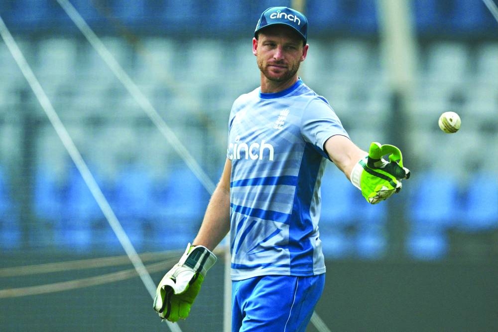England’s Joss Butler attends a training session at the Wankhede stadium in Mumbai on Friday. (AFP)