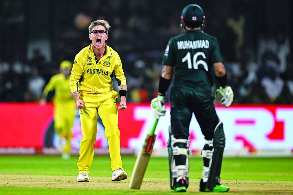 Australia’s Adam Zampa celebrates after taking the wicket of Pakistan’s Mohamed Rizwan (right) at the M. Chinnaswamy Stadium in Bengaluru on Friday. (AFP)