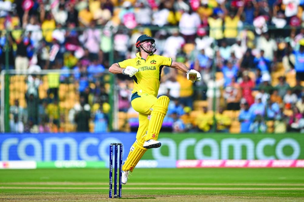 Australia’s Mitchell Marsh celebrate after scoring a century against Pakistan during the ICC Cricket World Cup ODI match in Bengaluru on Friday. (AFP) 