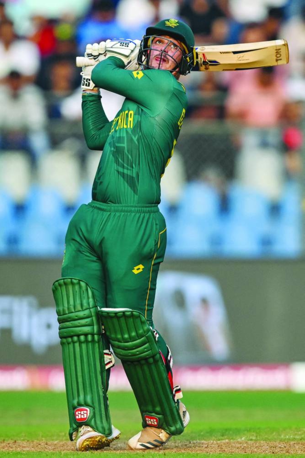 South Africa’s opener Quinton de Kock goes for a shot during his century against Bangladesh in Mumbai on Tuesday. (Reuters)