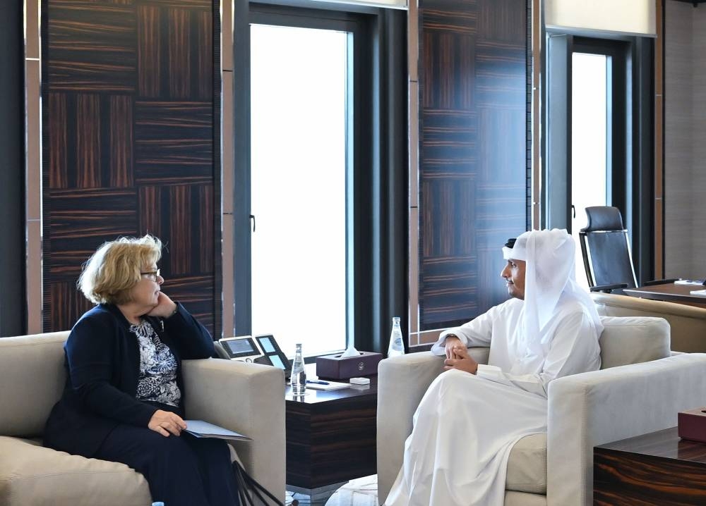 HE the Prime Minister and Minister of Foreign Affairs Sheikh Mohamed bin Abdulrahman bin Jassim al-Thani meets with the visiting US Assistant Secretary of State for Near Eastern Affairs Barbara Leaf.