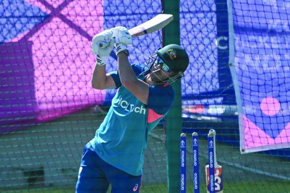 
Australia’s David Warner bats in the nets as on the eve of their 2023 ICC Men’s World Cup match against New Zealand in Dharamsala. (AFP) 