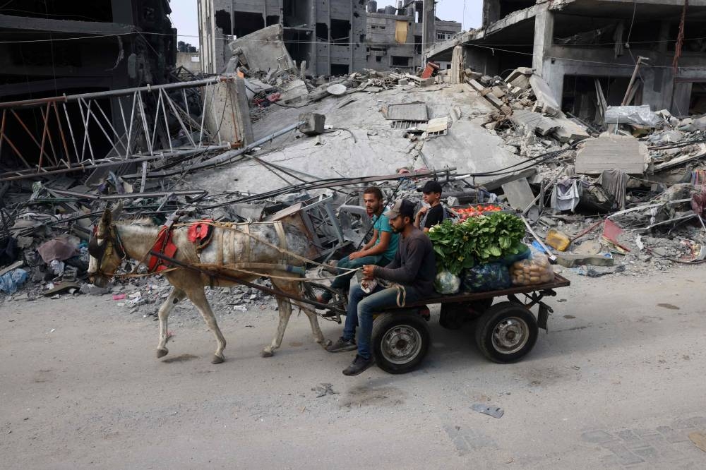 Vegetable vendors ride a donkey-pulled cart past a destroyed building in the aftermath of Israeli bombing in Rafah in the southern Gaza Strip Saturday. AFP