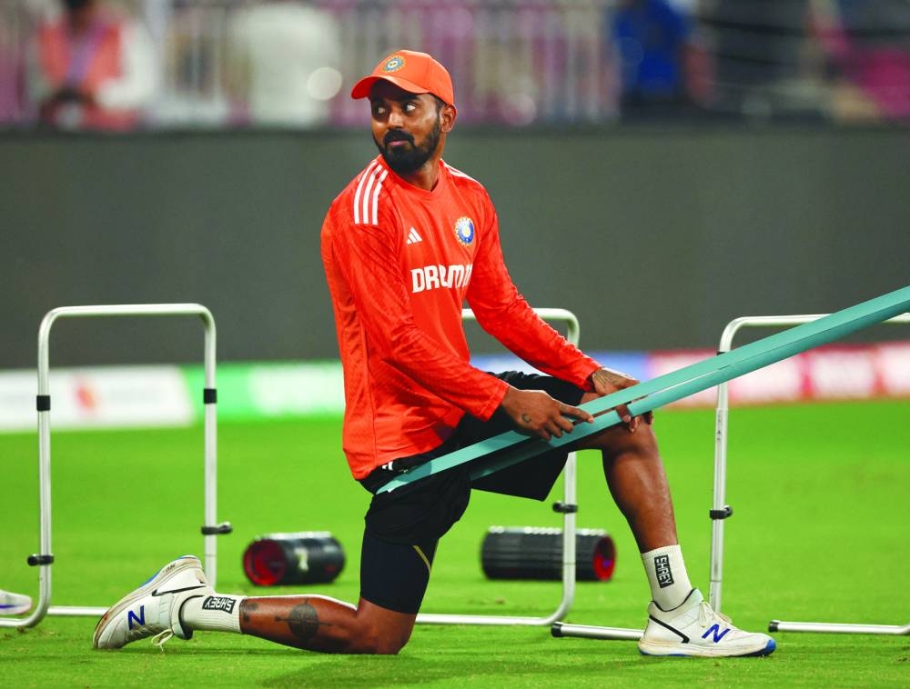India’s KL Rahul during a practice session ahead of their World Cup match against England at the Ekana Cricket Stadium in Lucknow on Saturday. (Reuters)