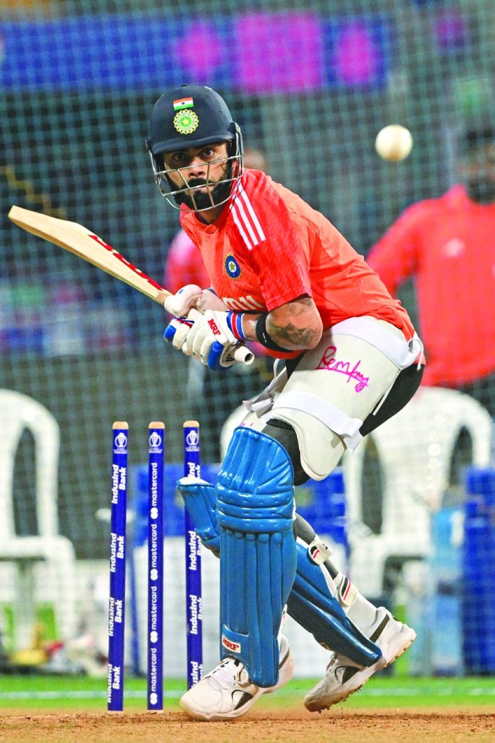 
India’s Virat Kohli bats in the nets during a practice session on the eve of their ICC World Cup match against Sri Lanka at the Wankhede Stadium in Mumbai. (AFP) 