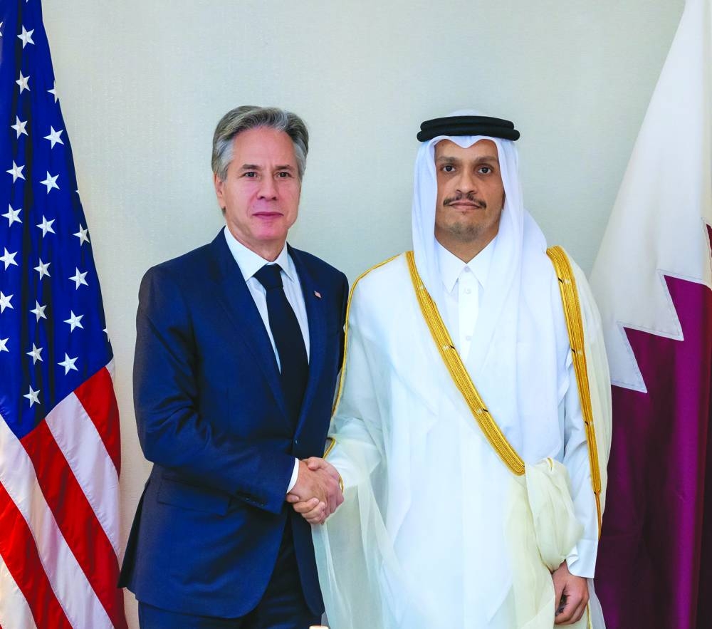 HE the Prime Minister and Minister of Foreign Affairs Sheikh Mohamed bin Abdulrahman bin Jassim al-Thani meets with US Secretary of State Antony Blinken.