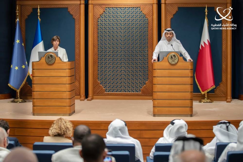 HE Sheikh Mohamed bin Abdulrahman bin Jassim al-Thani and Catherine Colonna addressing a joint press conference in Doha Sunday.