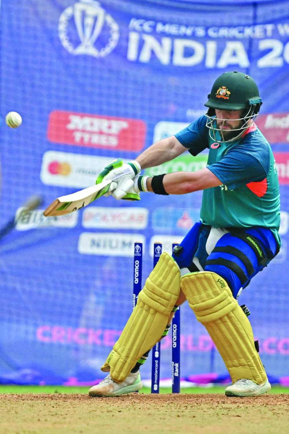 Australia’s Glenn Maxwell bats in the nets during a practice session at the Wankhede Stadium in Mumbai on Monday. (AFP)