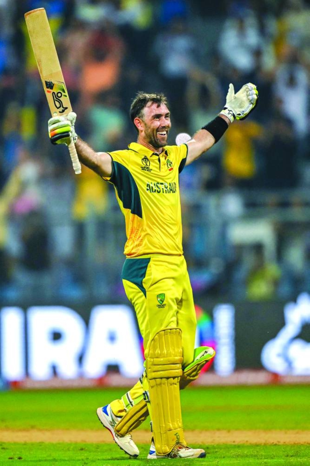 Australia’s Glenn Maxwell celebrates after winning the ICC World Cup match against Afghanistan at the Wankhede Stadium in Mumbai 
on Tuesday. (AFP)