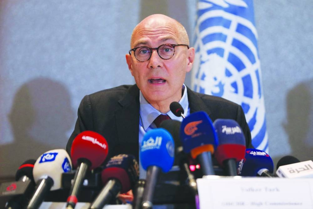 
UN High Commissioner for 
Human Rights Volker Turk speaks during a press conference in 
Amman, Jordan, yesterday. 
