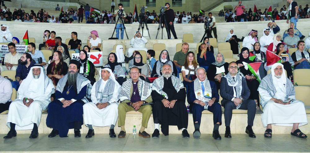 All the speakers at the event and the Palestinian envoy, Munir Ghannam (third from right) at the event. PICTURE: Shaji Kayamkulam