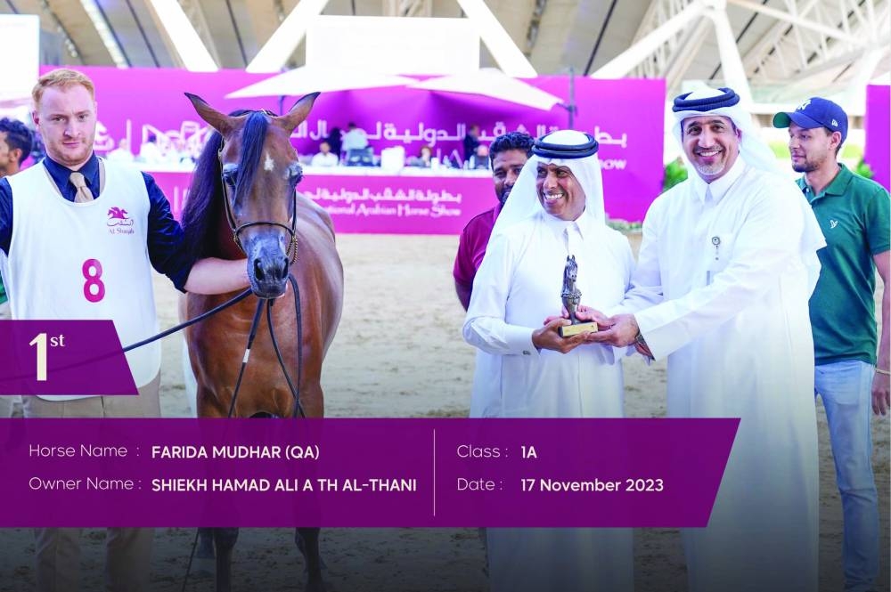 Farida Mudhar owned by Shiekh Hamad bin Ali al-Thani won the first place in Yearling Fillies section A (Class 1A) category.