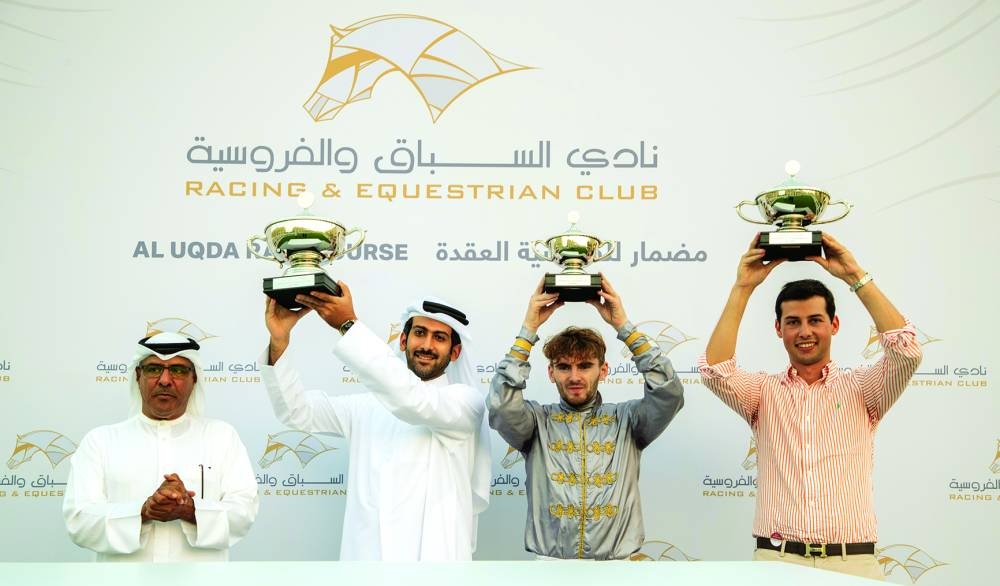 The Connections of Aajel celebrate Lekhraib Cup win at Al Uqda Complex yesterday. PICTURES: Juhaim
