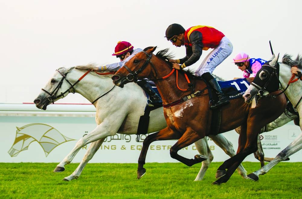 Jockey Kyllan Barbaud guides Aajel to Lekhraib Cup victory yesterday.