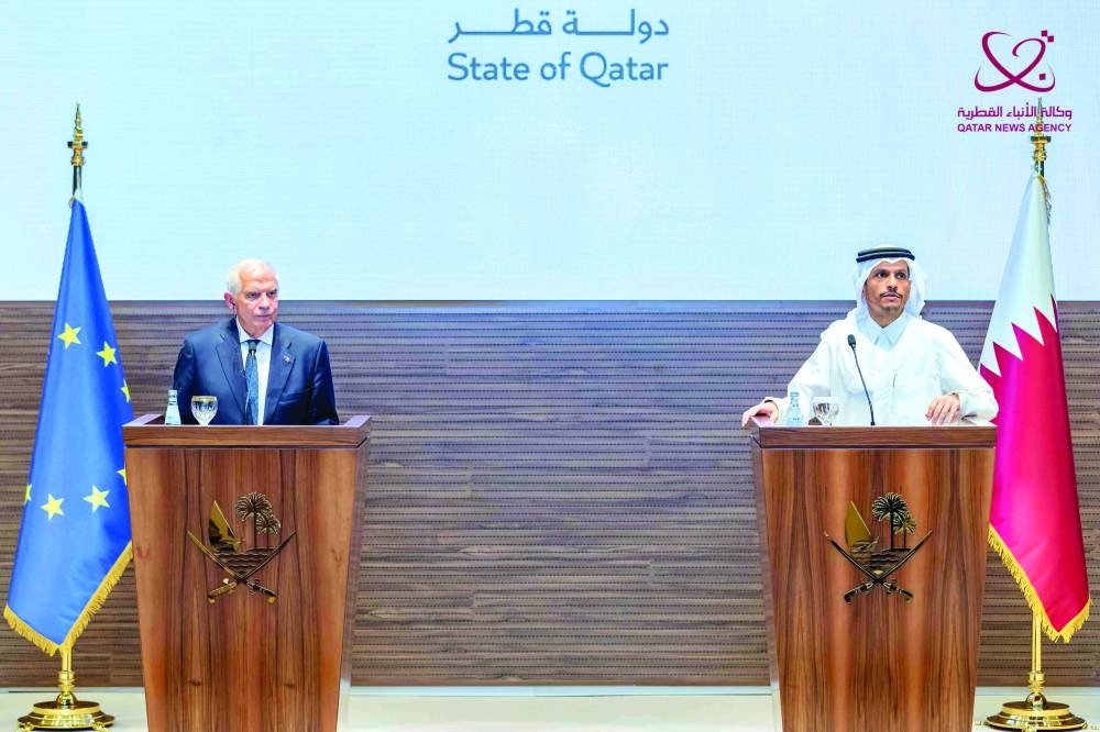 HE Sheikh Mohamed bin Abdulrahman bin Jassim al-Thani and EU's Josep Borrell during the press conference in Doha Sunday.