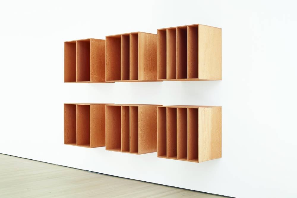 Right: Judd’s untitled, 1986, the artist’s largest wall work in plywood and plexiglass comprised of thirty units.