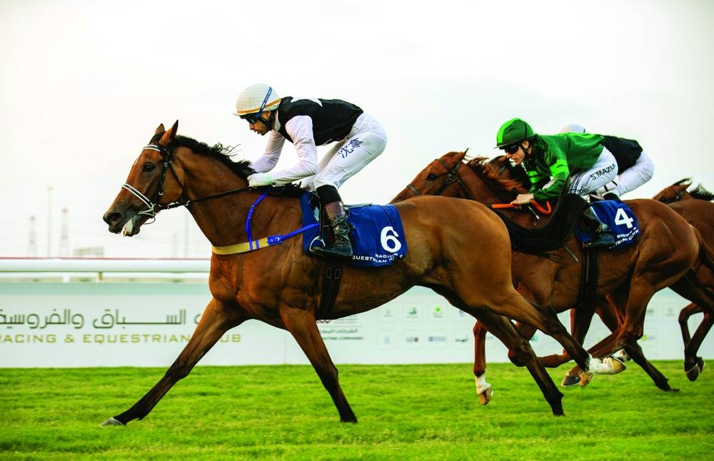
Alberto Sanna rides Al Ghazali Stud’s Seulomonde to Al Rakayat Cup victory at the Al Uqda Racecourse yesterday. PICTURES: Juhaim
 