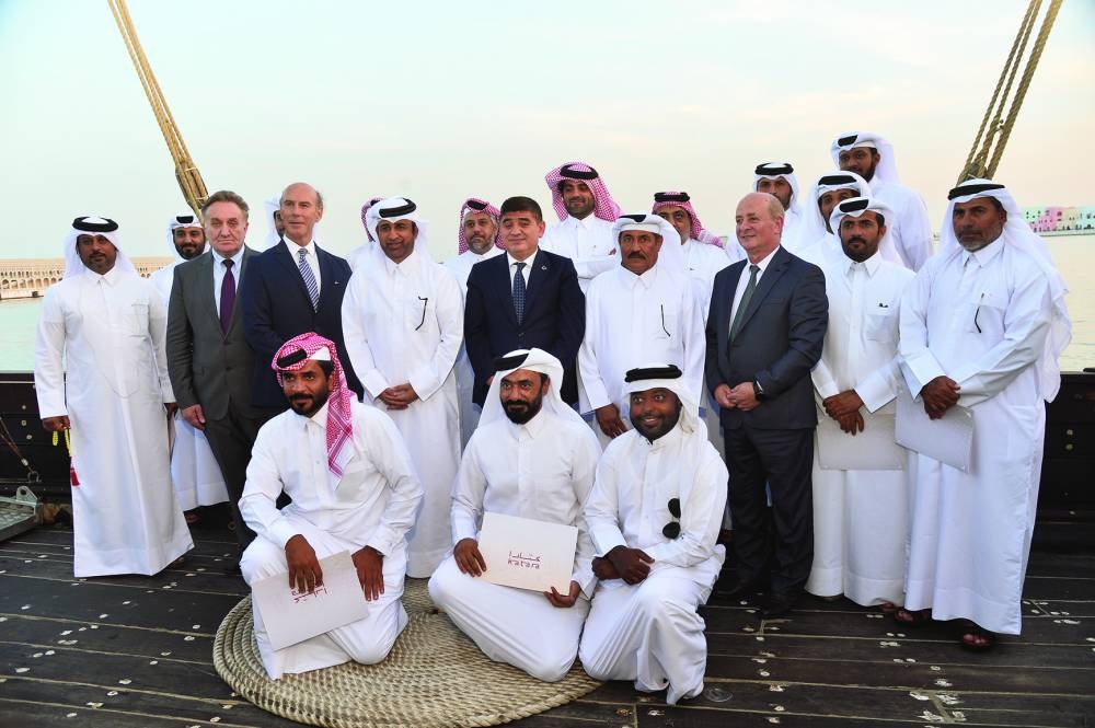 Katara - Cultural Village general manager Prof Dr Khaled bin Ibrahim al-Sulaiti, ambassadors and other guests with Fath Al Khair crew at the ceremony Sunday. PICTURE: Shaji Kayamkulam