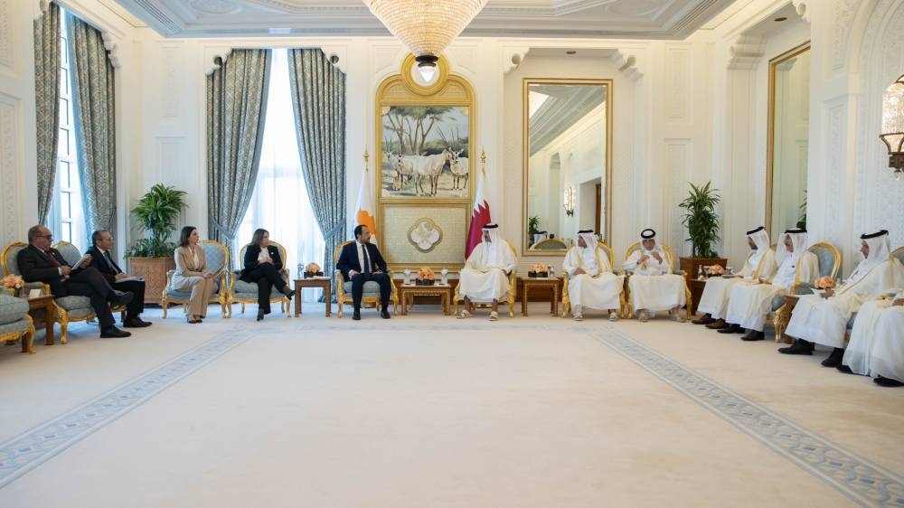 His Highness the Amir Sheikh Tamim bin Hamad Al-Thani and the President of the Republic of Cyprus Nikos Christodoulides hold a session of official talks at the Amiri Diwan.