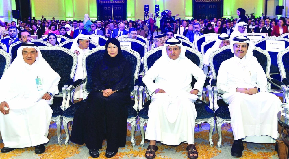 HE Dr Hanan Mohamed al- Kuwari, HE Sheikh Dr Khalid bin Jabor al-Thani, Sheikh Dr Mohamed bin Hamad al-Thani and Dr Abdul-Azim Abdul-Wahab Hussein at the opening ceremony of the congress Friday. PICTURE: Shaji Kayamkulam