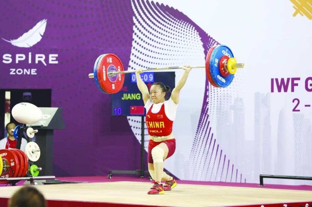 China’s Huihua Jiang in action during the 49kg competition at the Qatar Cup IWF Grand Prix II at Aspire Zone yesterday.