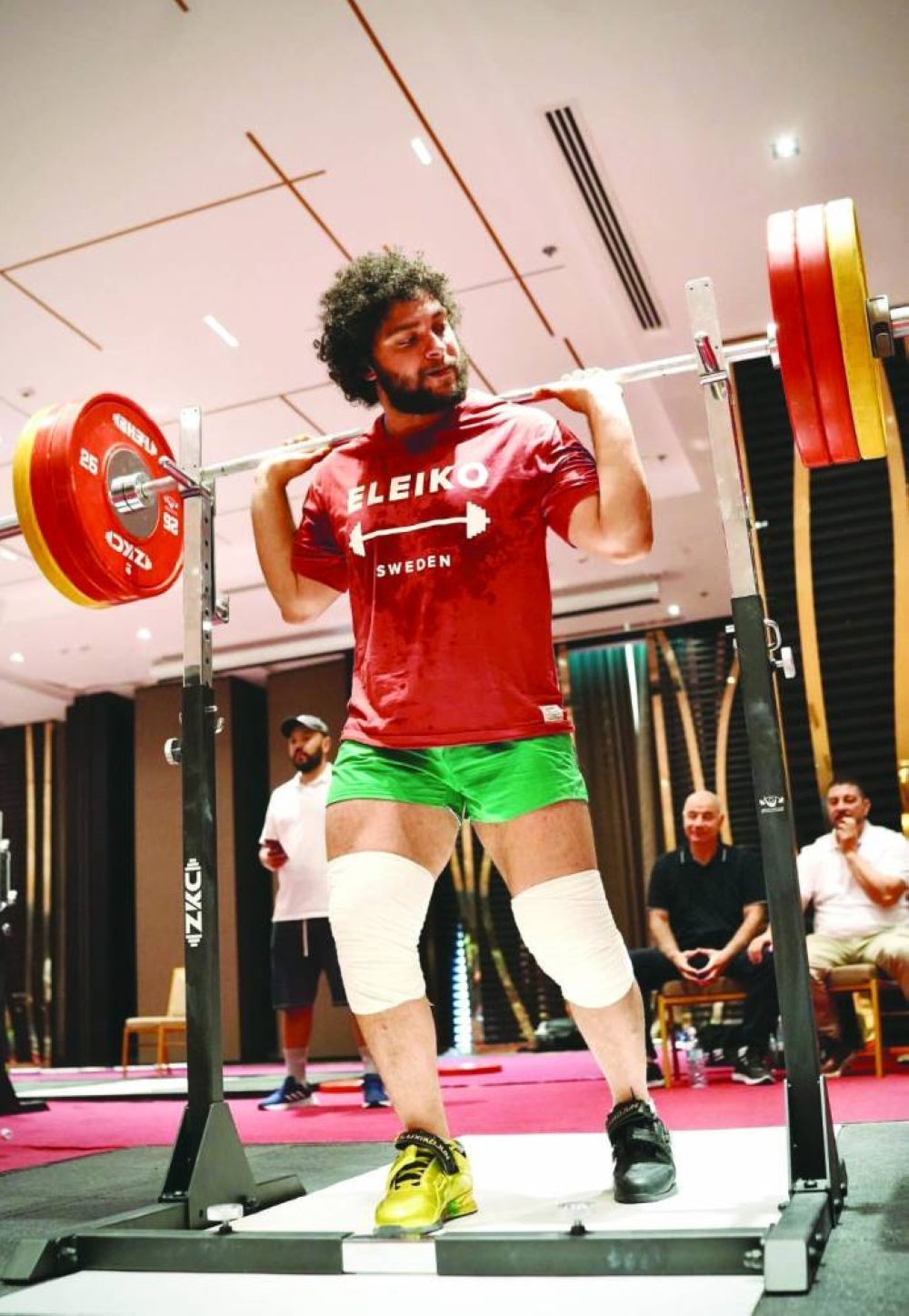 Qatar's Fares Ibrahim yesterday is seen during a training session ahead of his competition at the Qatar Cup IWF Grand Prix II currently taking place at Aspire Zone in Doha. Fares, a world champion and an Olympics gold medallist, will be seen in action tomorrow in the 102kg finals.
