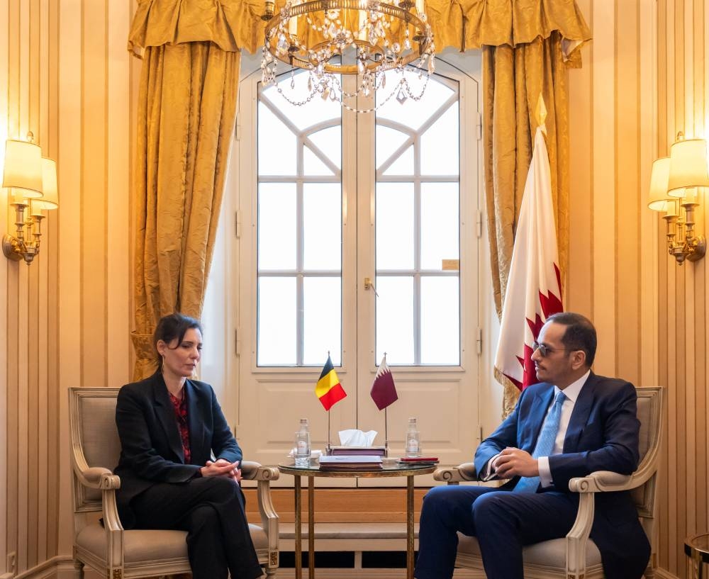 HE the Prime Minister and Minister of Foreign Affairs Sheikh Mohamed bin Abdulrahman bin Jassim al-Thani meets with Belgium's Minister of Foreign and European Affairs Hadja Lahbib.