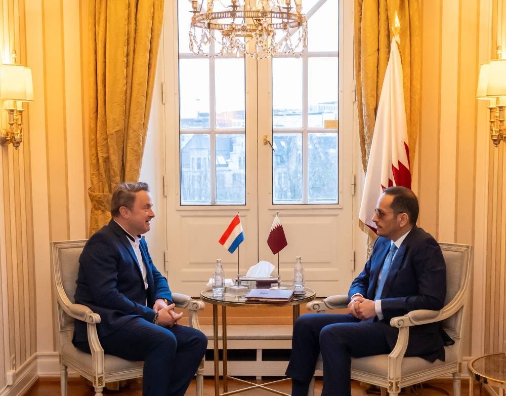 HE the Prime Minister and Minister of Foreign Affairs Sheikh Mohamed bin Abdulrahman bin Jassim al-Thani meets with Luxembourg's Deputy Prime Minister and Minister of Foreign Affairs Xavier Bettel.