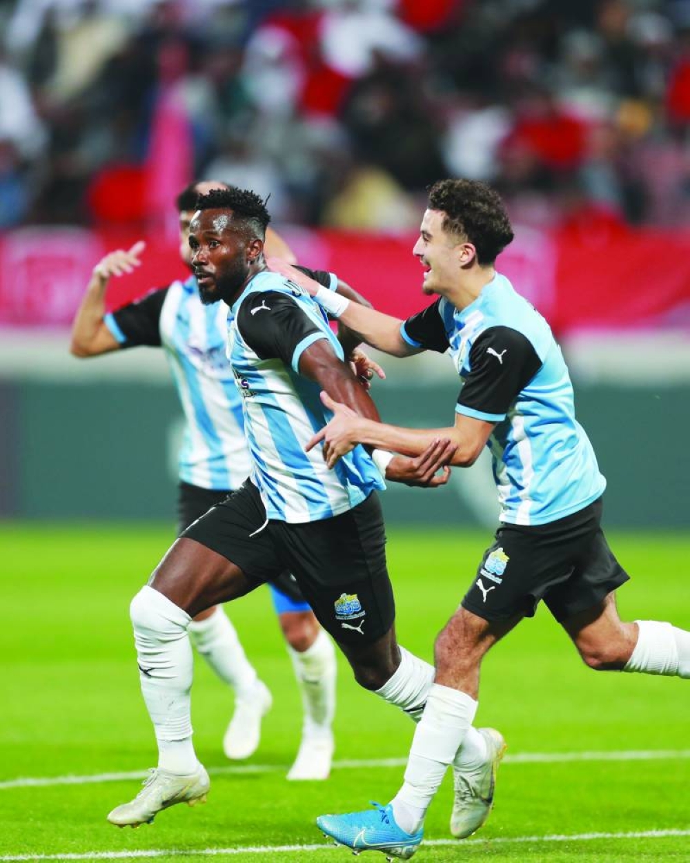 Al Wakrah’s Omar Ali celebrates after scoring a goal during the Expo Stars League match against Al Duhail at Abdullah Bin Khalifa Stadium yesterday.