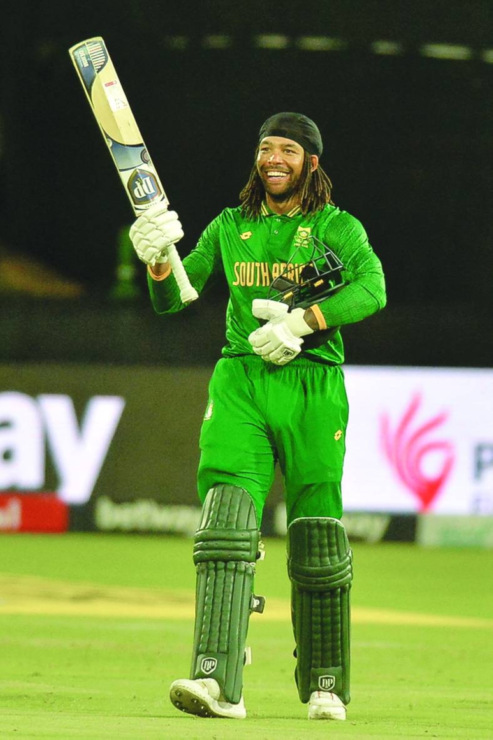 
South Africa’s Tony de Zorzi celebrates after scoring a century during the second ODI against India at St George’s Park in Gqeberha. (AFP) 