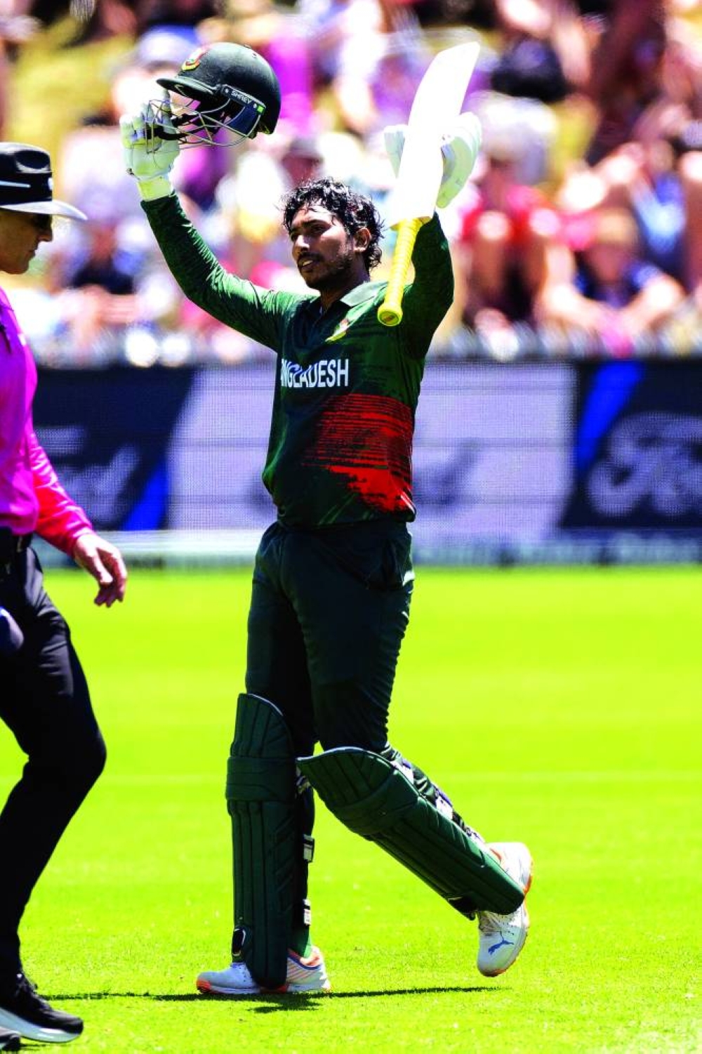 
Bangladesh’s Soumya Sarkar celebrates his century in Nelson. (AFP) 