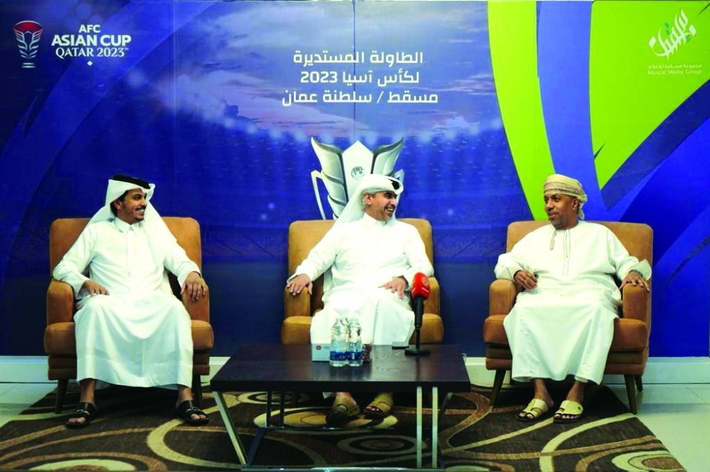 
Asian Cup Qatar Executive Director of Marketing and Communications Hassan al-Kuwari and Senior Manager for Local and Regional Media Sheikh Hamad bin Abdulaziz al-Thani during a promotional visit to Oman. 