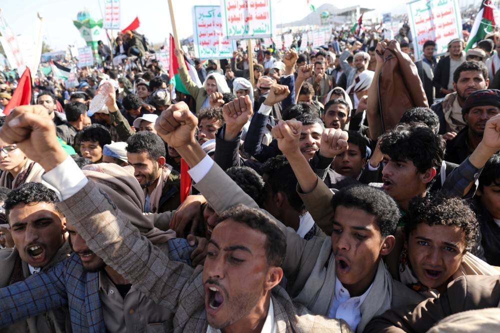 Protesters rally in solidarity with the Palestinians in the Gaza Strip, in Sanaa, Yemen, on Friday. REUTERS