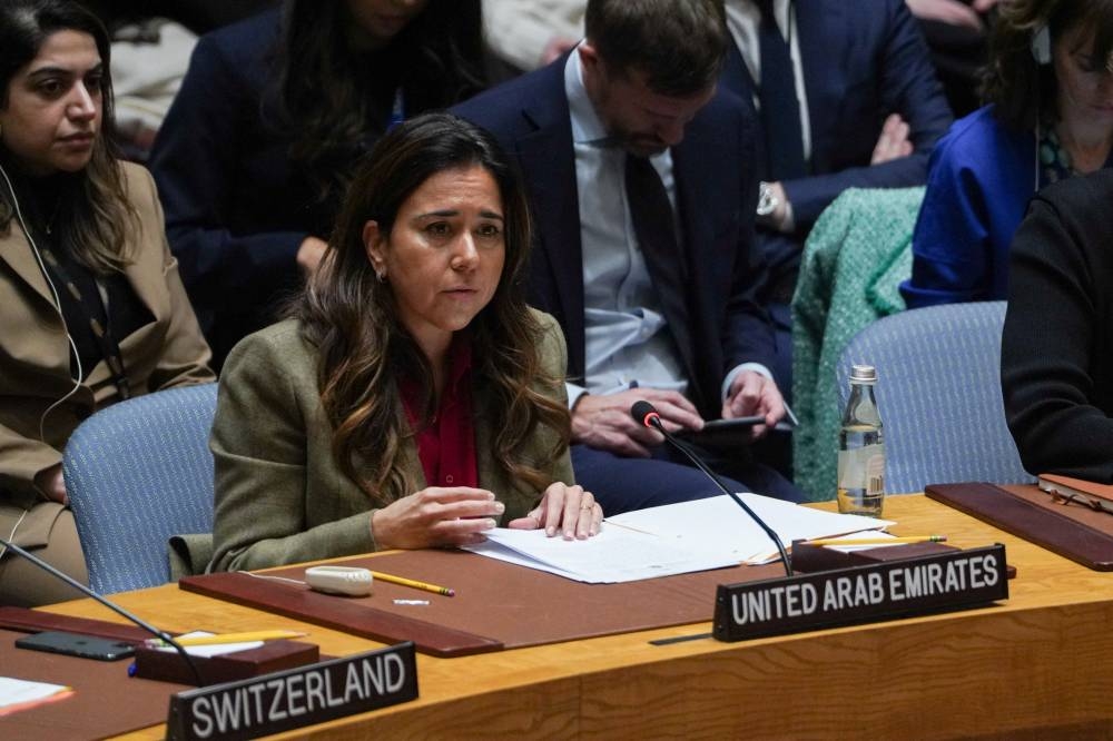 The United Arab Emirates Ambassador to the United Nations Lana Zaki Nusseibeh speaks on the day of a vote of the United Nations Security Council on a proposal to demand that Israel and Hamas allow aid access to the Gaza Strip - via land, sea and air routes - and set up UN monitoring of the humanitarian assistance delivered, at the UN headquarters in New York, on Friday.  REUTERS