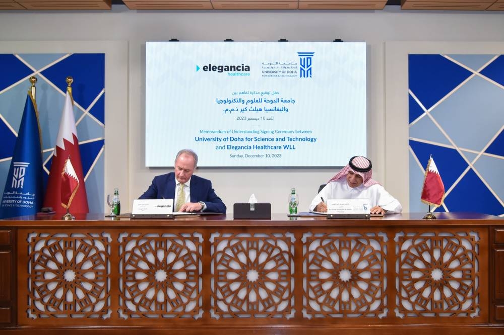 The MoU was signed by Dr Salem Al-Naemi, president, UDST, and Joseph Hazel, chief executive officer, Elegancia Healthcare, during a ceremony held at UDST, in the presence of officials from both entities.