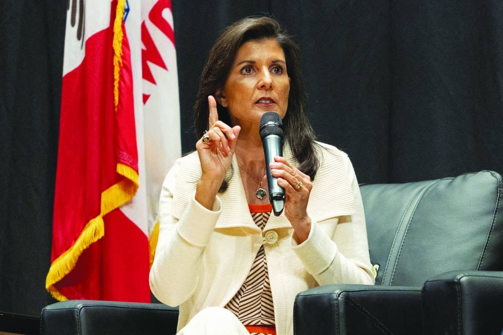 Republican presidential candidate and former US ambassador to the United Nations Nikki Haley speaks during the “Faith and Family with the Feenstras” event moderated by Republican Randy Feenstra in Sioux Center, Iowa. (Reuters)