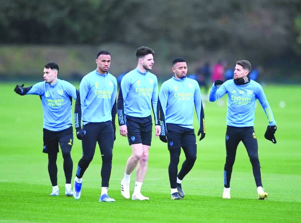 Arsenal players at a training session in London on Saturday.