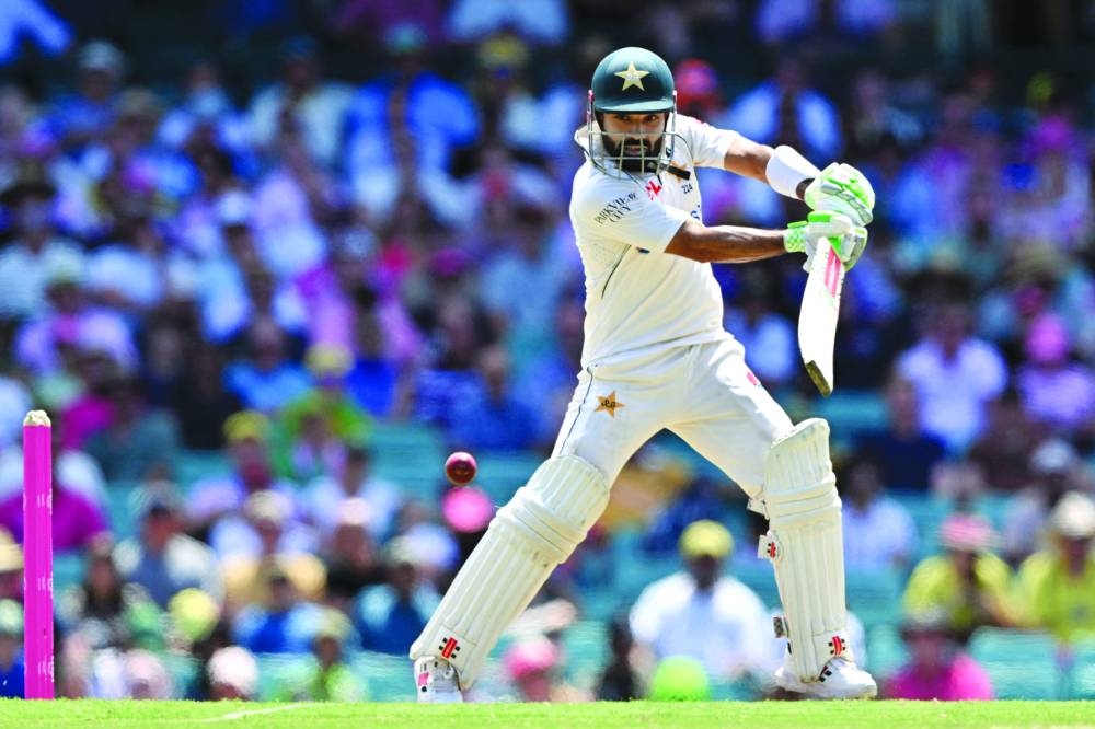 Pakistan’s Mohamed Rizwan plays a shot during the first day of the third Test against Australia at the SCG in Sydney on Wednesday. (AFP)