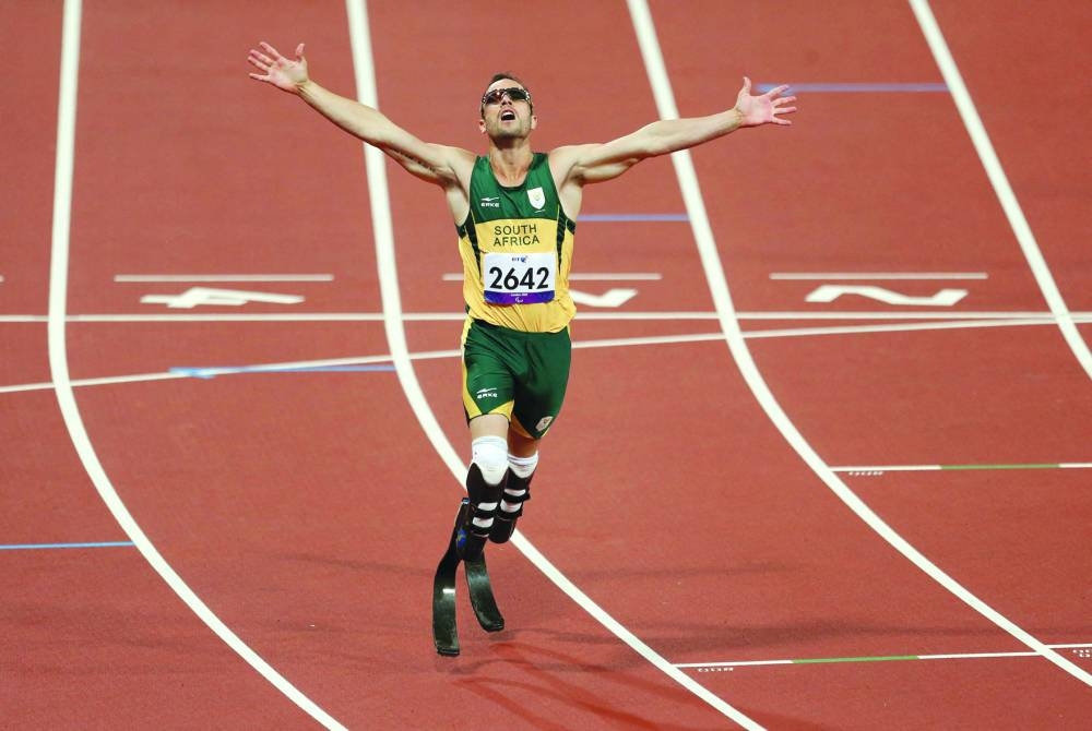 Pistorius celebrates winning gold in this picture taken at the London 2012 Paralympic Games.