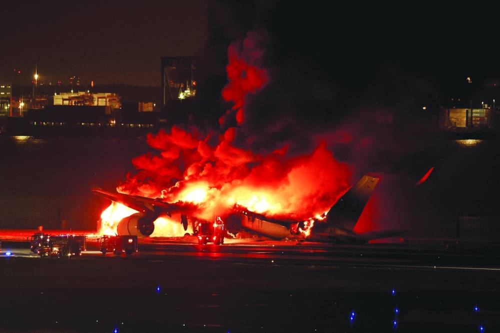 
FILE PHOTO: Japan Airlines’ A350 airplane is on fire at Haneda international airport in Tokyo on Tuesday. 