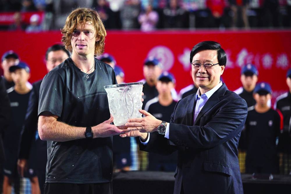 Russia’s Andrey Rublev after winning the match against Finland’s Emil Ruusuvuori in the final at the Hong Kong Open yesterday. (AFP)
