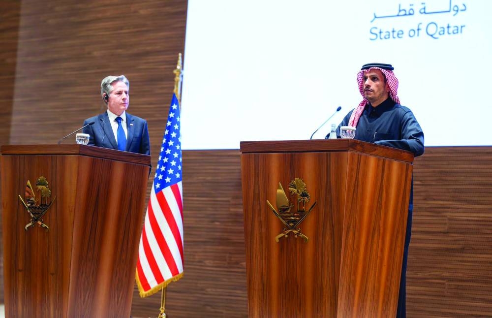 HE the Prime Minister and Minister of Foreign Affairs Sheikh Mohamed bin Abdulrahman bin Jassim al-Thani speaking during a press conference with US Secretary of State Antony Blinken in Doha  on Sunday.