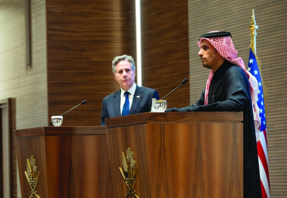 HE the Prime Minister and Minister of Foreign Affairs Sheikh Mohamed bin Abdulrahman bin Jassim al-Thani speaking during a press conference with US Secretary of State Antony Blinken in Doha  on Sunday.