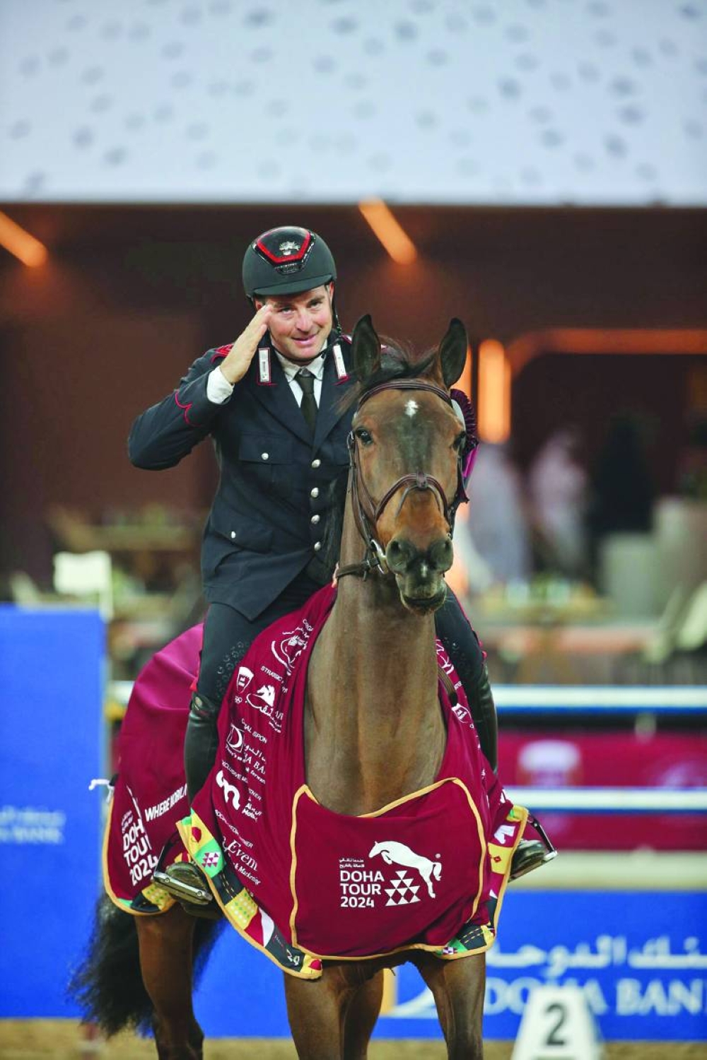 Italy’s Emanuele Gaudiano celebrates with his horse Conthargo-Blue after winning the 1.50m CSI4* class at the Doha Tour International Equestrian Championship on Friday.