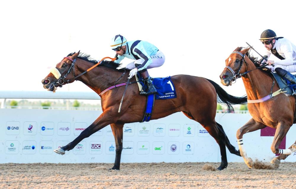 Jockey Alberto Sanna guides Account to Lisha Cup victory at Al Uqda Racecourse on Saturday.