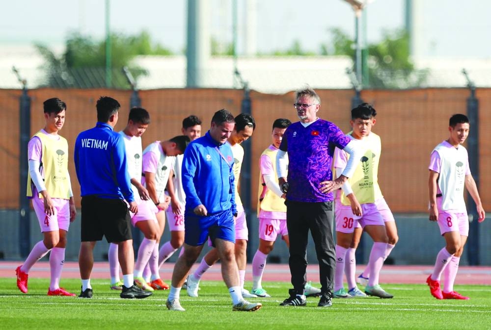 
Vietnam players are seen during a training session. 