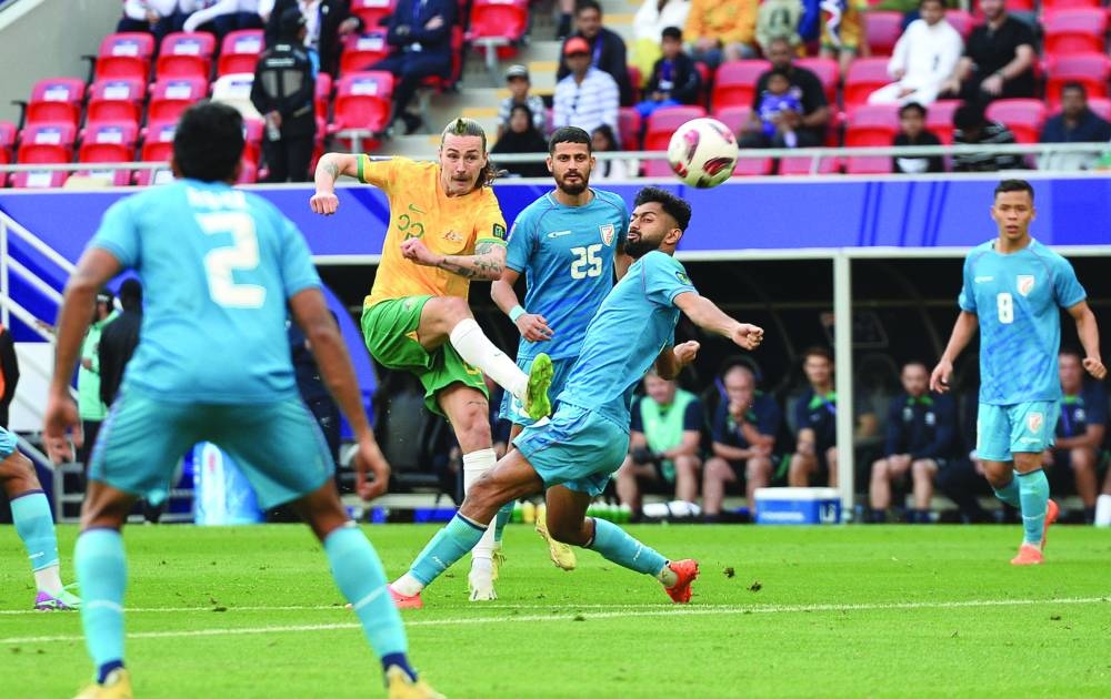 Australia’s Jackson Irvine scores against India during the AFC Asian Cup Qatar match at the Ahmad Bin Ali Stadium in Al Rayyan on Saturday.