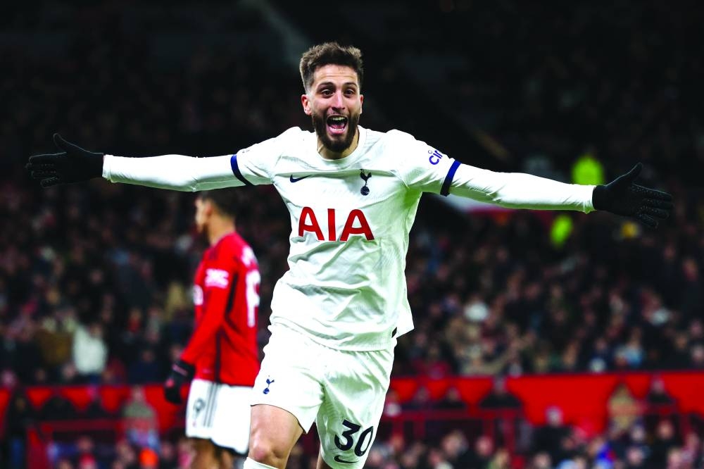 
Tottenham Hotspur’s midfielder Rodrigo Bentancur celebrates after scoring their second goal during the Premier League match against Manchester United at Old Trafford in Manchester yesterday. (AFP) 
